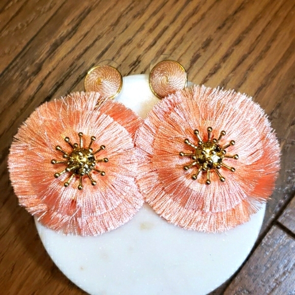 New Gold Round Pink Filigree Silk Drop Earrings - Picture 3 of 4